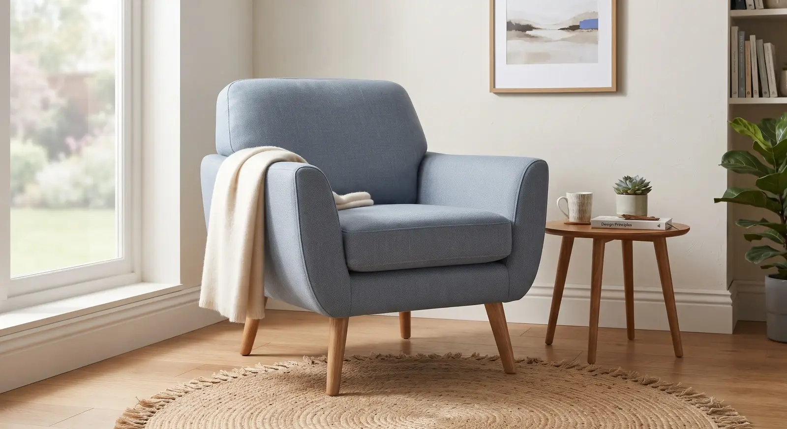 Custom handcrafted lounge chair styled in a sunlit modern interior corner